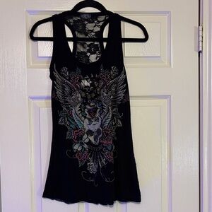 Black Lace-Back Graphic Tank Top with Embellished Skull Motif
